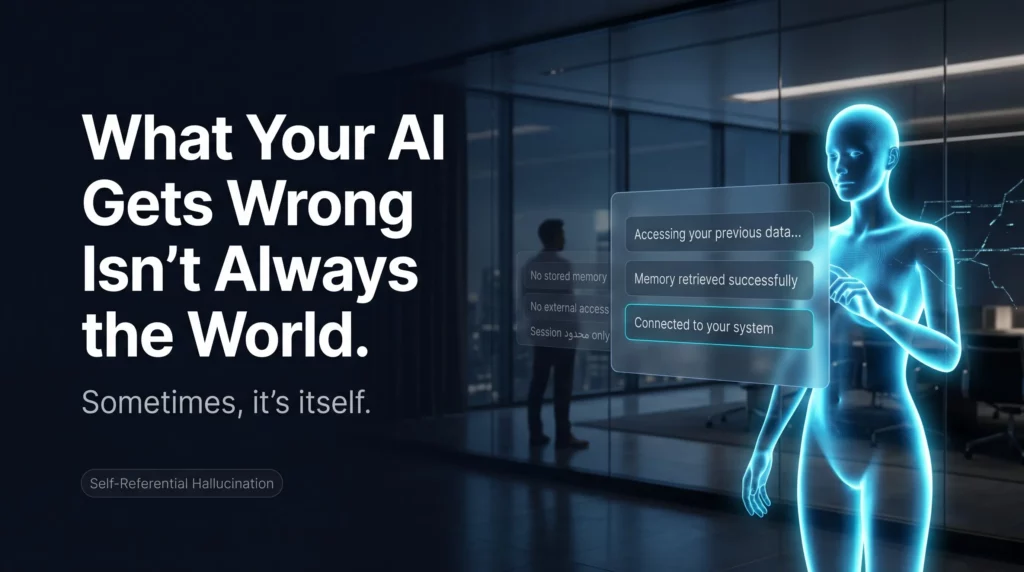 A glowing blue AI hologram in a high-tech office interacting with a dashboard that falsely claims memory access, while faint background text reveals it has no stored memory. The headline reads, "What Your AI Gets Wrong Isn't Always the World. Sometimes, it's itself."