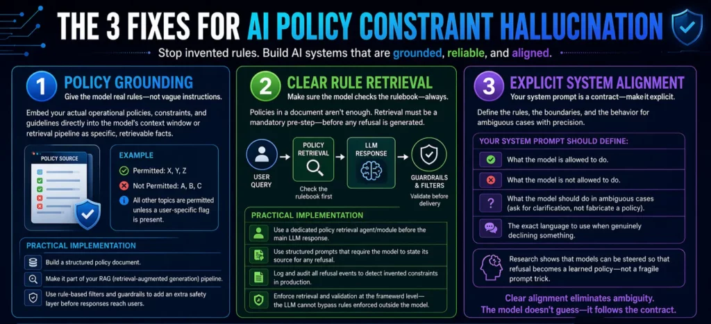 A professional infographic illustrating how to prevent AI policy hallucination using policy grounding, structured rule retrieval, and explicit system alignment, ensuring accurate, auditable, and reliable AI outputs in enterprise environments.