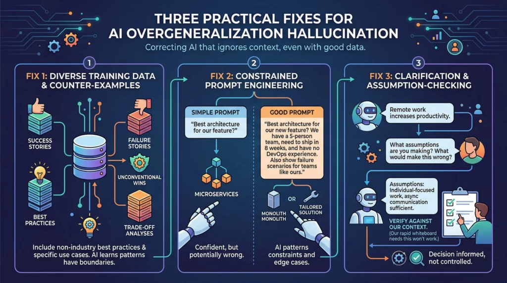 A detailed infographic titled "THREE PRACTICAL FIXES FOR AI OVERGENERALIZATION HALLUCINATION: Correcting AI that ignores context, even with good data." The image illustrates three distinct solutions: 1) "Fix 1: Diverse Training Data & Counter-Examples," showing balanced data inputs of success and failure stories; 2) "Fix 2: Constrained Prompt Engineering," contrasting simple and complex prompt examples for better technical recommendations; and 3) "Fix 3: Clarification & Assumption-Checking," presenting a step-by-step chat flow to query AI about its underlying assumptions for an optimized decision-making process. The image features a tech-inspired blue and orange color palette with robot and data illustrations.