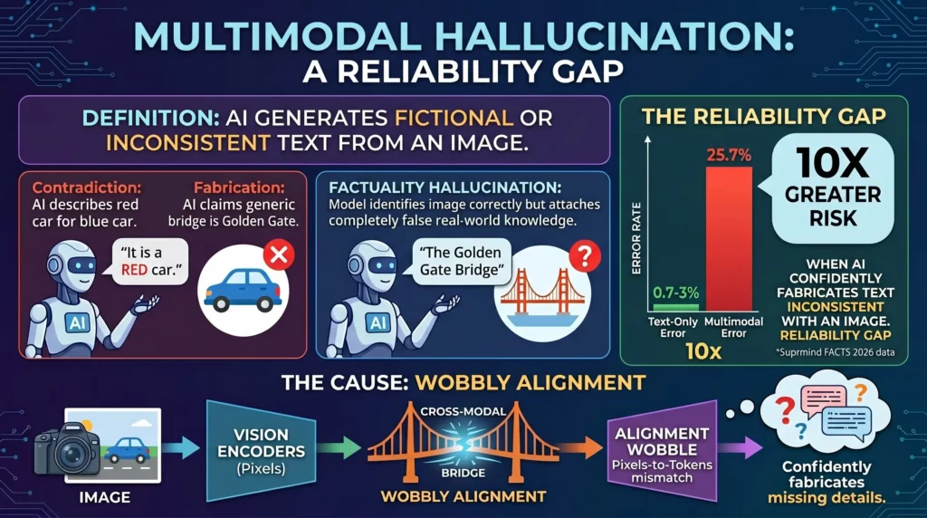 An infographic titled "Multimodal Hallucination: A Reliability Gap." It defines the concept as AI generating fictional or inconsistent text from an image. The graphic illustrates two types of errors: "Contradiction/Faithfulness," showing an AI robot falsely labeling a picture of a blue car as a red car, and "Fabrication/Factuality," showing the AI incorrectly labeling a generic bridge as the Golden Gate Bridge. A bar chart on the right titled "The Reliability Gap" compares a 25.7% error rate for multimodal AI against a 0.7-3% error rate for text-only AI, highlighting a 10x greater risk of hallucination based on 2026 Suprmind FACTS data. The bottom section illustrates "The Cause: Wobbly Alignment" with a flowchart showing an image processed by Vision Encoders (Pixels) struggling to connect across a breaking bridge to Language Models (Tokens), resulting in an "Alignment Wobble" where the AI confidently fabricates missing details.