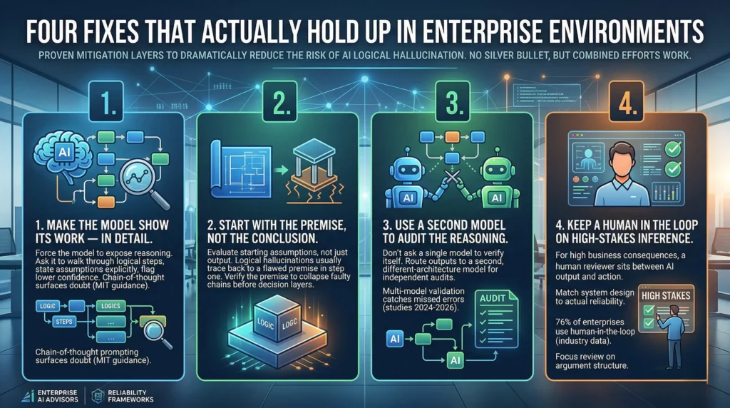 An infographic detailing four proven fixes to reduce AI logical hallucination in enterprise environments: forcing detailed reasoning, evaluating starting premises, conducting independent multi-model audits, and maintaining human-in-the-loop oversight.