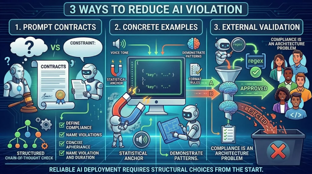 An illustrative infographic guide titled "3 Ways to Reduce AI Instruction Violation." The modern, tech-style graphic is split into three detailed sections, each with a header, robot illustrations, and diagrams on a blue network grid background. Section 1, "PROMPT CONTRACTS," uses a comparison of a confused robot thinking "Be Concise" (a preference) versus a focused robot with specific constraints like "Must not exceed 80 words." It includes a gavel and structured checks for compliance definition and violation. Section 2, "CONCRETE EXAMPLES," features a central monitor with code snippets showing JSON format, text length, and voice tone demonstrated. It uses a brain and gear icon, a magnet labeled "Statistical Anchor," and format rules to show how to demonstrate desired patterns. Section 3, "BUILD EXTERNAL OUTPUT VALIDATION," illustrates a complete validation architecture outside the AI model. Data from an AI model is funneled through an "External Validation Layer" with checks for regex format, content audit, and constraint adherence. Approved data reaches a group of happy users, while rejected data is binned. A footer emphasizes the core message: "RELIABLE AI DEPLOYMENT REQUIRES STRUCTURAL CHOICES FROM THE START."