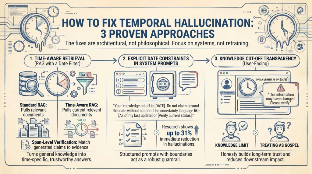 A professional 16:9 infographic banner in a clean, hand-drawn technical sketch style on a parchment-colored background. The title reads "HOW TO FIX TEMPORAL HALLUCINATION: 3 PROVEN APPROACHES." The infographic is divided into three sections: Time-Aware Retrieval: Showing a funnel filtering data by date and span-level verification. Explicit Date Constraints: Featuring a digital safe and a checklist representing system prompt guardrails, noting a 31% reduction in hallucinations. Knowledge Cut-Off Transparency: Illustrating a user interface with a warning sign and a comparison between a "Knowledge Limit" and users "Treating as Gospel." The overall aesthetic is sophisticated, using navy blue and muted gold accents to convey a blueprint-like professional feel.