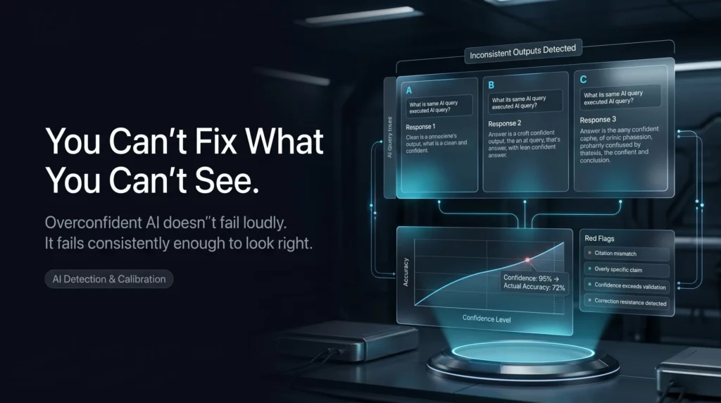 A cinematic enterprise dashboard in a deep navy and cyan color palette. On the right, a holographic interface shows three side-by-side AI response panels labeled A, B, and C, highlighting inconsistent outputs for the same query. Below is a calibration graph showing a disconnect between 95% confidence and 72% actual accuracy, alongside a 'Red Flags' panel listing issues like citation mismatches and correction resistance. On the left, clean white typography reads, 'You Can't Fix What You Can't See,' with subtext explaining that overconfident AI fails by looking consistently right.