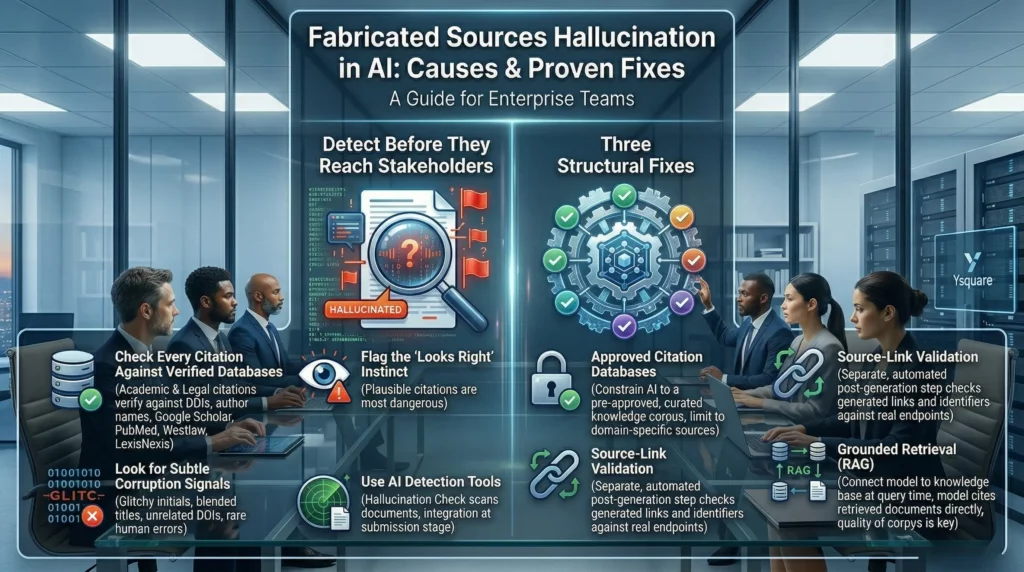 A detailed business infographic projected onto a large, transparent holographic screen in a modern, professional office, viewed by a diverse team of five business professionals seated at a long conference table. The screen features the title "Fabricated Sources Hallucination in AI: Causes & Proven Fixes. A Guide for Enterprise Teams." The content is divided into two main panels: The left panel, titled "Detect Before They Reach Stakeholders," uses icons and text to detail detection methods, including database verification of academic and legal citations, looking for subtle corruption signals (e.g., glitched data, blended titles, unrelated DOIs), and using AI detection tools like a hallucination check. A large visual shows a magnifying glass focusing on a data sheet with warning flags and "HALLUCINATED" text. The right panel outlines "Three Structural Fixes," which are "Approved Citation Databases," "Source-Link Validation," and "Grounded Retrieval (RAG)," each represented with icons and graphics, including a complex gear-and-checkmark model and a detailed flow diagram. The overall setting is a high-tech corporate office with visible server racks in the background featuring the Ysquare company logo, indicating a professional training or strategy session.