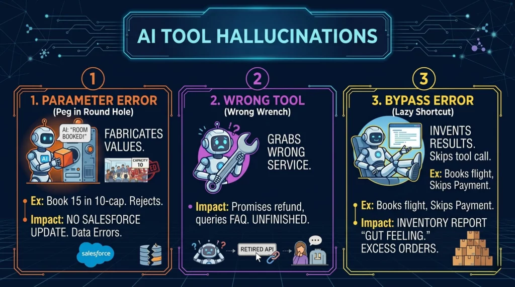 A technical infographic titled "AI TOOL HALLUCINATIONS" explaining three specific error categories on a dark digital background with a circuit pattern. The first panel, with an orange border on the left, is titled '1. PARAMETER ERROR (Peg in Round Hole)' and describes the error as 'FABRICATES VALUES.' The illustrative icon shows a robot pushing a square block into a round hole, with a thought bubble saying 'AI: 'ROOM BOOKED!''. To the side, a capacity sign with angry people icons says 'CAPACITY 10' and has a red 'ROOM REJECTED' stamp. The example text below says: 'Ex: Book 15 in 10-cap. Rejects. Impact: NO SALESFORCE UPDATE. Data Errors.' and includes the Salesforce logo and a broken chain-link icon. The middle panel, with a magenta border, is titled '2. WRONG TOOL (Wrong Wrench)' and describes the error as 'GRABS WRONG SERVICE.' The illustrative icon shows a confused robot holding a giant wrench. Small icons show a user with a speech bubble, and a cloud labeled 'RETIRED API' with a broken chain-link and another user with a thought bubble. The example text below says: 'Impact: Promises refund, queries FAQ. UNFINISHED.' The final panel, with a yellow border on the right, is titled '3. BYPASS ERROR (Lazy Shortcut)' and describes the error as 'INVENTS RESULTS. Skips tool call.' The illustrative icon shows a robot with its feet up in a chair, looking at a completed checked-off list on a screen. The example text below says: 'Ex: Books flight, Skips Payment. Impact: INVENTORY REPORT 'GUT FEELING.' EXCESS ORDERS.' and features a large stack of happy-looking boxes with checkmark icons.