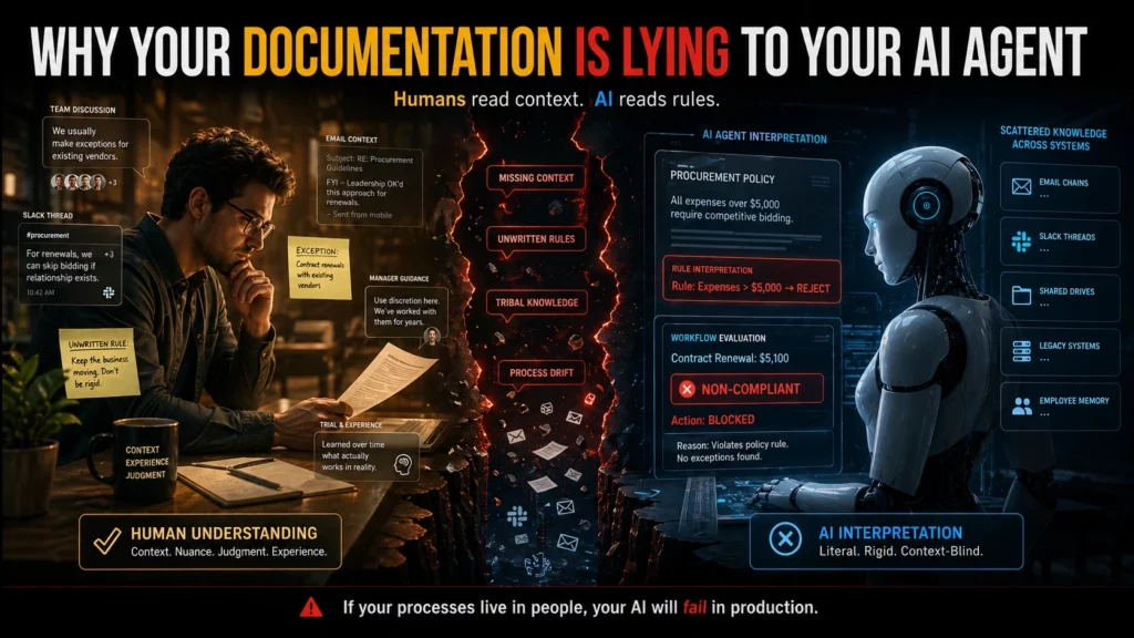 A split-screen enterprise poster showing a human employee interpreting documents with contextual knowledge on the left and a humanoid AI agent rigidly applying rules on the right. A glowing crack in the center highlights missing context, tribal knowledge, and process drift. The AI incorrectly flags a $5,100 contract renewal as non-compliant, illustrating how poor documentation leads to AI failure.
