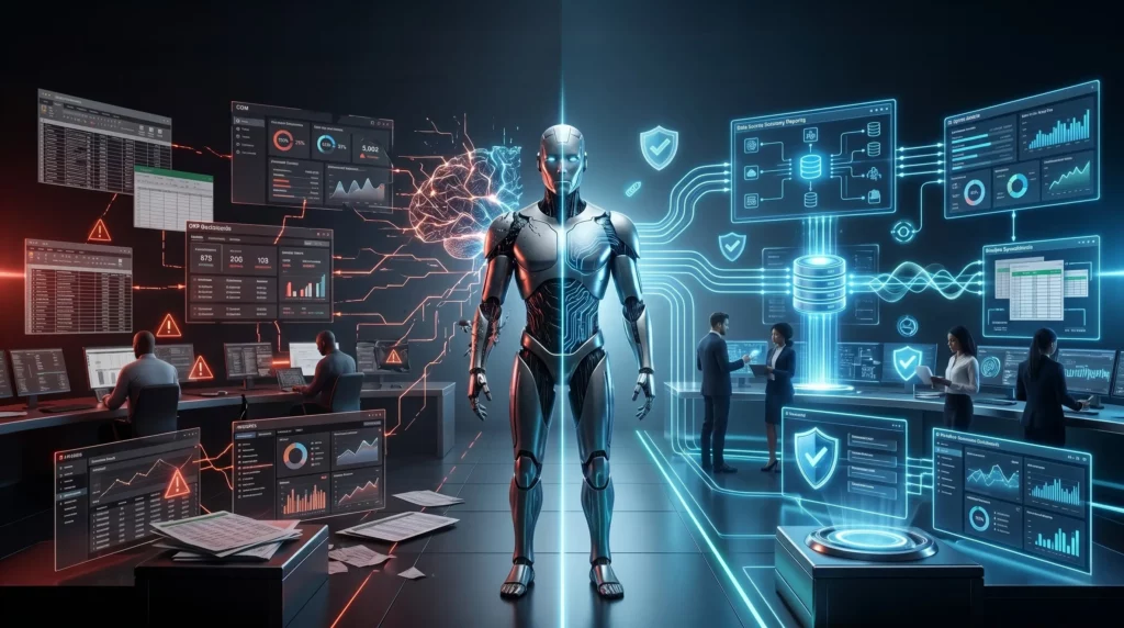 A dark, luxury editorial-style poster featuring a glowing central pathway in a massive, reflective black chamber. Six monumental architectural pillars flank the path, each containing glowing cyan and electric blue holographic symbols representing the steps of data transformation: data inventory, system ownership, shadow source elimination, validation gates, change logs, and AI workflow testing. At the end of the pathway stands a towering, authoritative humanoid AI entity composed of liquid chrome and glass. The lighting is cinematic with soft white volumetric beams, high-contrast shadows, and subtle red warning tones in the distance, creating a sense of elite enterprise strategy and scale.