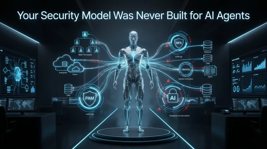 A cinematic, wide-aspect enterprise banner. In a dark, high-tech command center, a glowing, translucent humanoid AI stands at the center, connected by glowing neon blue data streams to floating system nodes labeled Cloud, PAM, MFA, CRM, and Databases. Subtle red warning triangles highlight security vulnerabilities within the network. At the top, clean white typography reads: "Your Security Model Was Never Built for AI Agents."