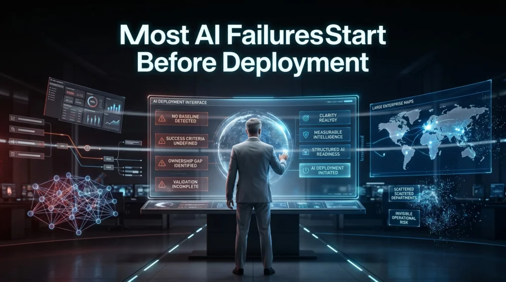 A cinematic, ultra-premium LinkedIn header banner set inside a futuristic enterprise AI deployment command center. In the center foreground, a thoughtful male executive in a tailored grey suit, seen from behind, stands facing a massive floating holographic wall of AI dashboards. At the top center, the bold, ultra-clean main heading reads: 'Most AI Failures Start Before Deployment'. The holographic sequence he is activating has subtle red warning overlays on the left listing 'NO BASELINE DETECTED', 'SUCCESS CRITERIA UNDEFINED', 'OWNERSHIP GAP IDENTIFIED', and 'VALID