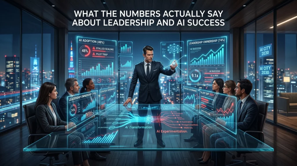 A cinematic illustration of a futuristic corporate boardroom at night, overlooking a glowing city skyline. A male CEO stands at the head of a glass conference table, interacting with complex, floating holographic dashboards displaying AI adoption metrics and charts. Six diverse executives sit around the table, watching the presentation intently. Bold text at the top of the image reads, "WHAT THE NUMBERS ACTUALLY SAY ABOUT LEADERSHIP AND AI SUCCESS.
